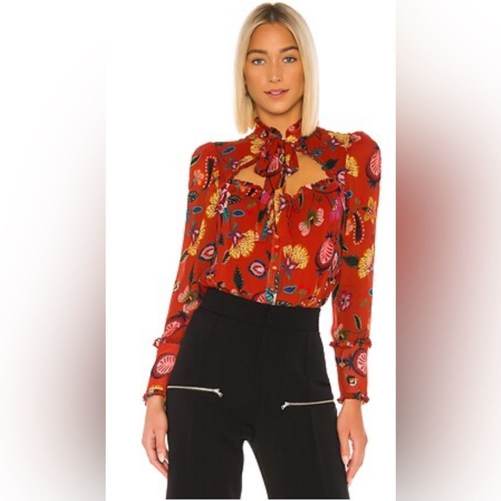 ALEXIS Elodie Pleated Chiffon Blouse Peasant Ruffle Floral Tie Front